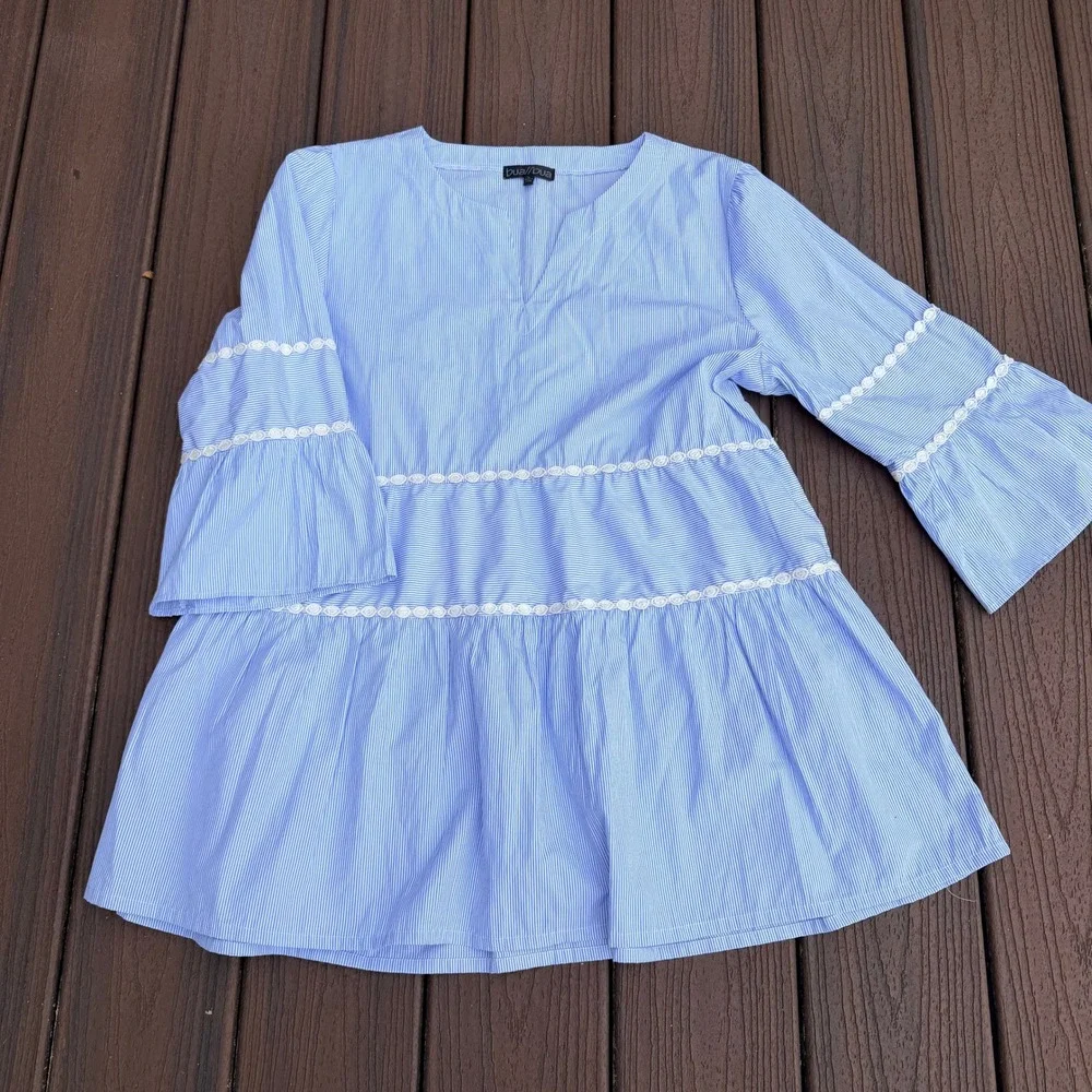 Bua Bua Blue White Pinstripe Tiered Babydoll Tunic Top Crochet Lace Trim Large